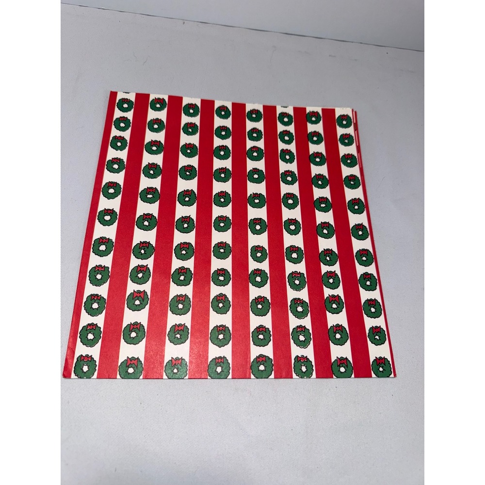 Vintage Christmas Gift Wrap Paper Red White Stripe Green Wreath Holiday 20x24